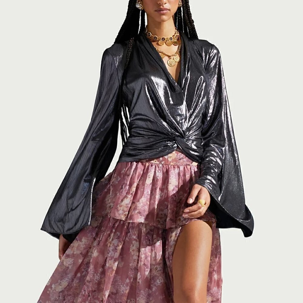 Caroline Constas Iantha Silver Metallic Long Flare Sleeve Blouse M‌‌‌‌‌